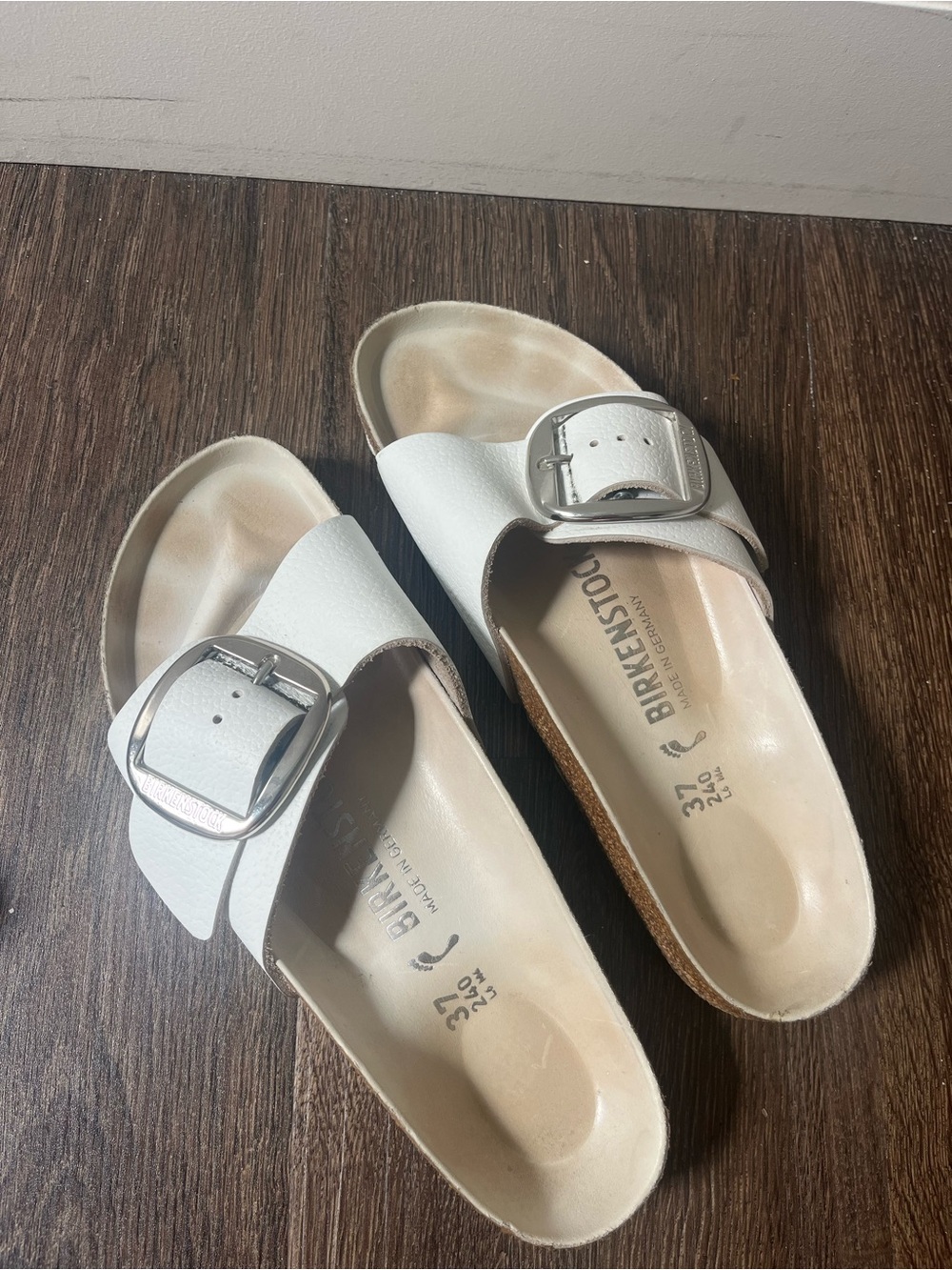 Birkenstock Madrid Big Buckle Mule Sandals in White with Silver Buckles